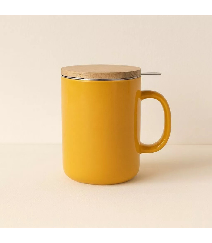 Taza Anna – Gres amarillo 350 ml con filtro y tapa de maderaTé y Sensaciones